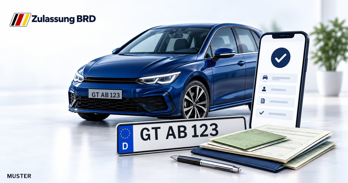 Online Fahrzeugzulassung in Rheda-Wiedenbrück: Musterkennzeichen GT AB 123, Auto und Fahrzeugpapiere und Smartphone. Illustration mit Logo von Zulassung BRD.